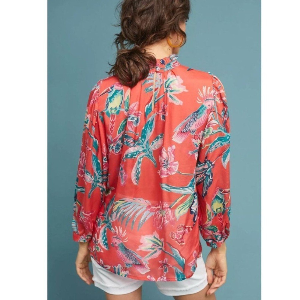 Banjanan Orange Silk Tropical Floral Bird Print Ruffle Neck Blouse Womens XS - Picture 3 of 9
